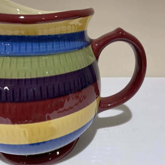 Longaberger Hand Painted Striped Pitcher Bright Multi Color Stripe Large 2 Quart - Picture 5 of 13